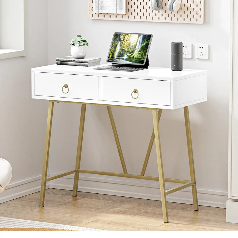 Anmytek Bureau Moderne pour Bureau à Domicile 35.4 Table de Maquillage Blanche 2 Tiroirs Bureau d'Écriture Informatique avec Pieds Dorés