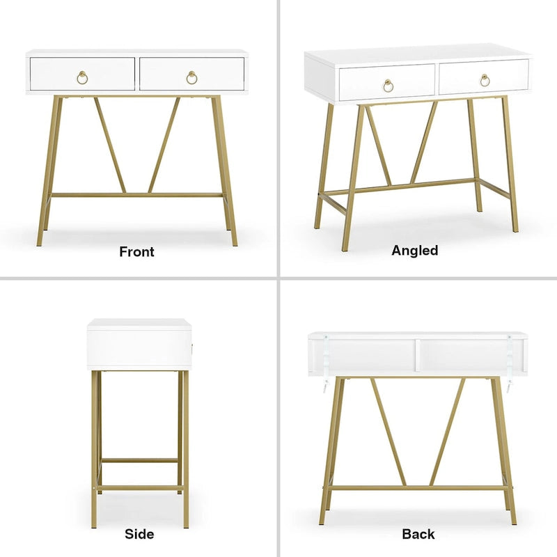 Anmytek Bureau Moderne pour Bureau à Domicile 35.4 Table de Maquillage Blanche 2 Tiroirs Bureau d'Écriture Informatique avec Pieds Dorés