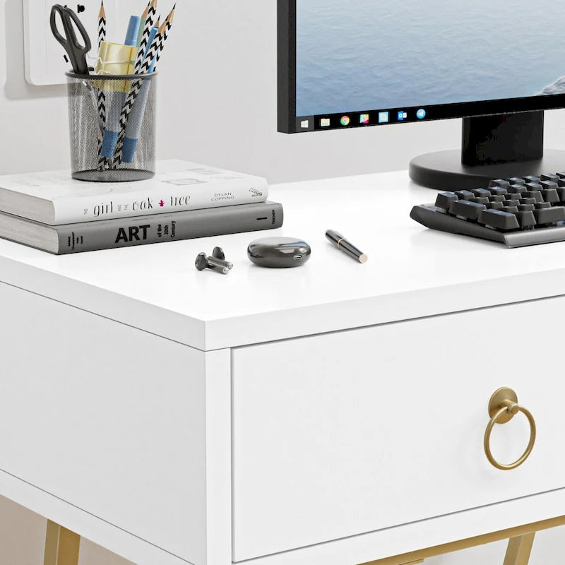 Anmytek Bureau Moderne pour Bureau à Domicile 35.4 Table de Maquillage Blanche 2 Tiroirs Bureau d'Écriture Informatique avec Pieds Dorés