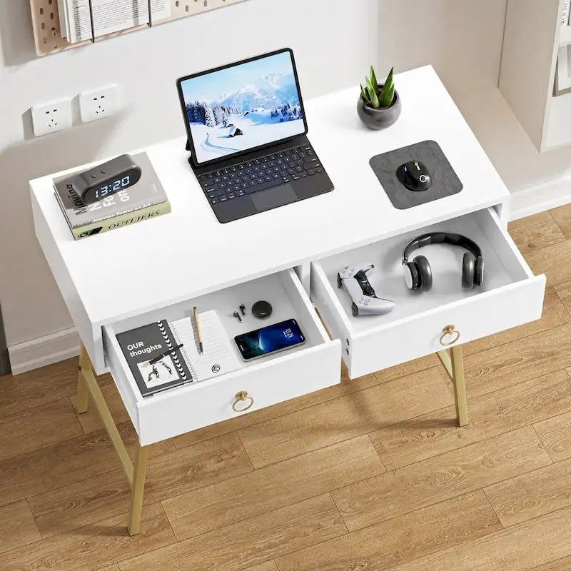 Anmytek Bureau Moderne pour Bureau à Domicile 35.4 Table de Maquillage Blanche 2 Tiroirs Bureau d'Écriture Informatique avec Pieds Dorés