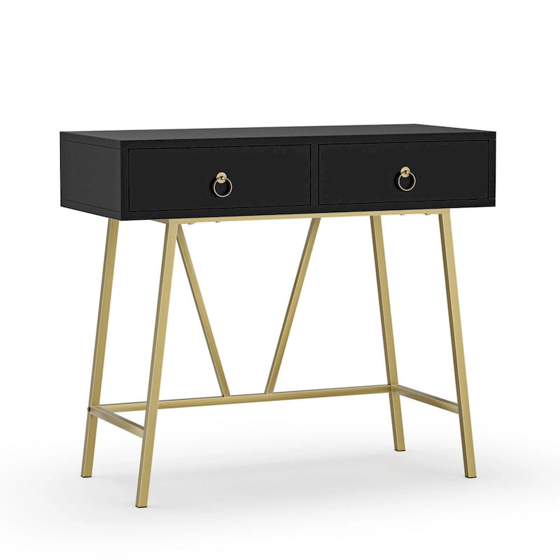 Anmytek Bureau Moderne pour Bureau à Domicile 35.4 Table de Maquillage Blanche 2 Tiroirs Bureau d'Écriture Informatique avec Pieds Dorés