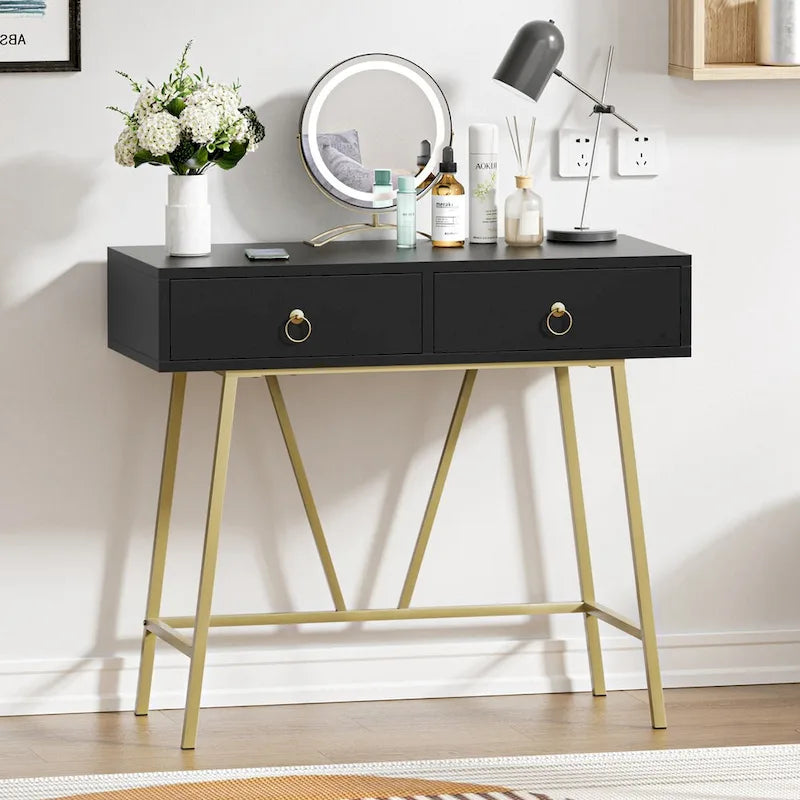 Anmytek Bureau Moderne pour Bureau à Domicile 35.4 Table de Maquillage Blanche 2 Tiroirs Bureau d'Écriture Informatique avec Pieds Dorés