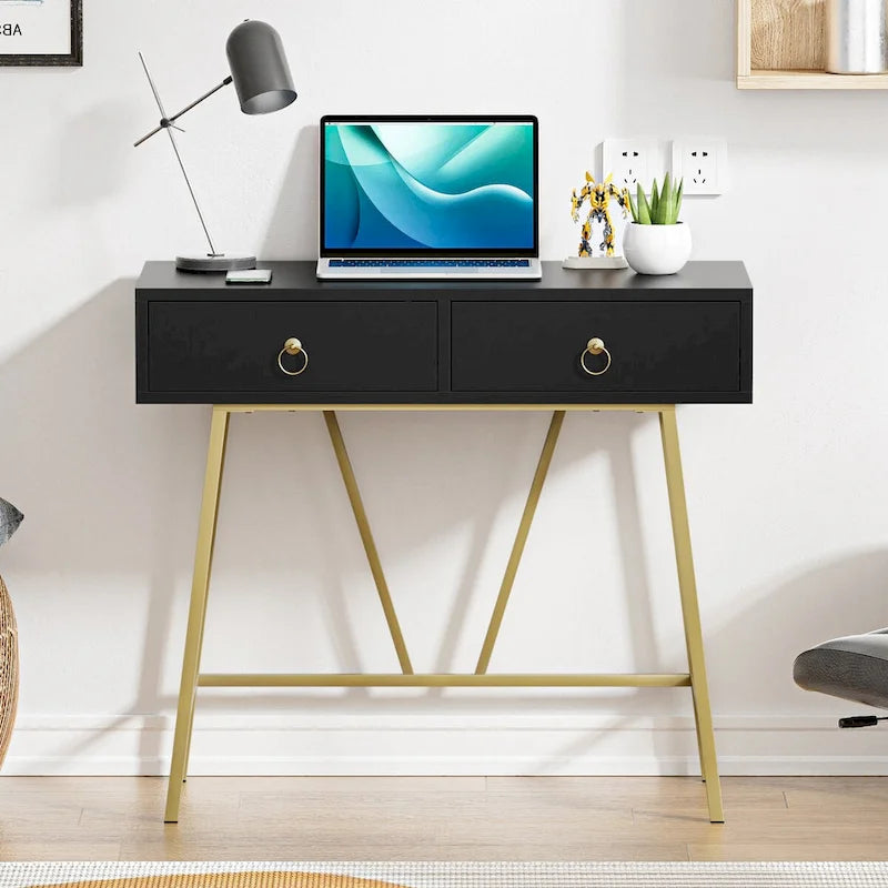 Anmytek Bureau Moderne pour Bureau à Domicile 35.4 Table de Maquillage Blanche 2 Tiroirs Bureau d'Écriture Informatique avec Pieds Dorés