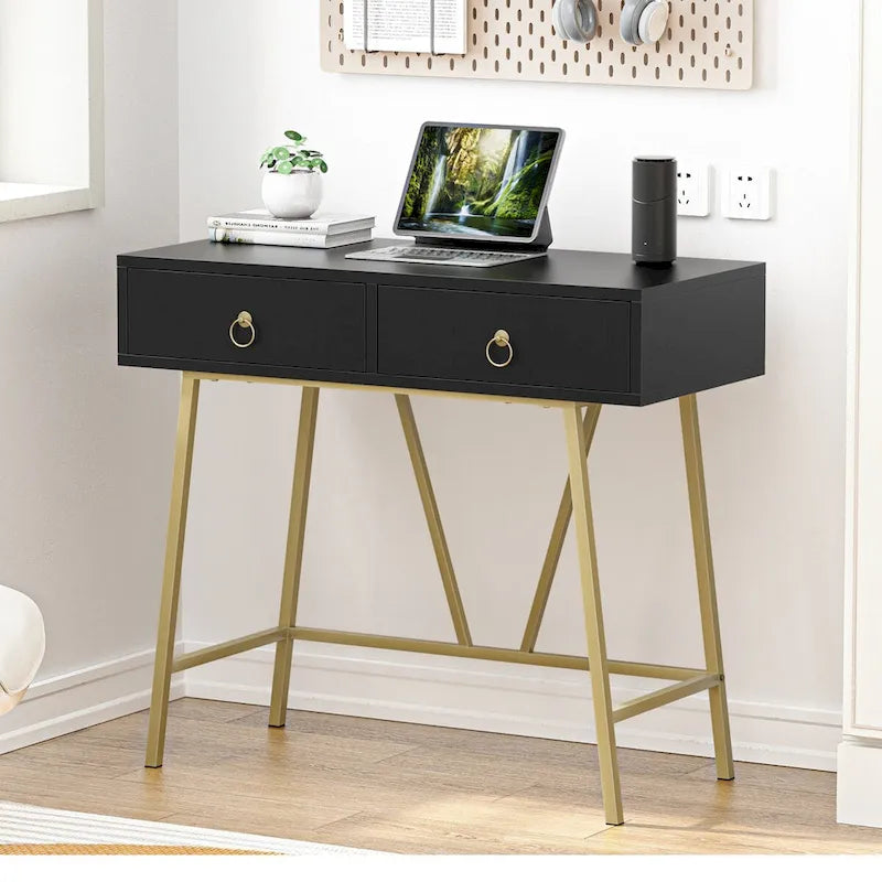 Anmytek Bureau Moderne pour Bureau à Domicile 35.4 Table de Maquillage Blanche 2 Tiroirs Bureau d'Écriture Informatique avec Pieds Dorés