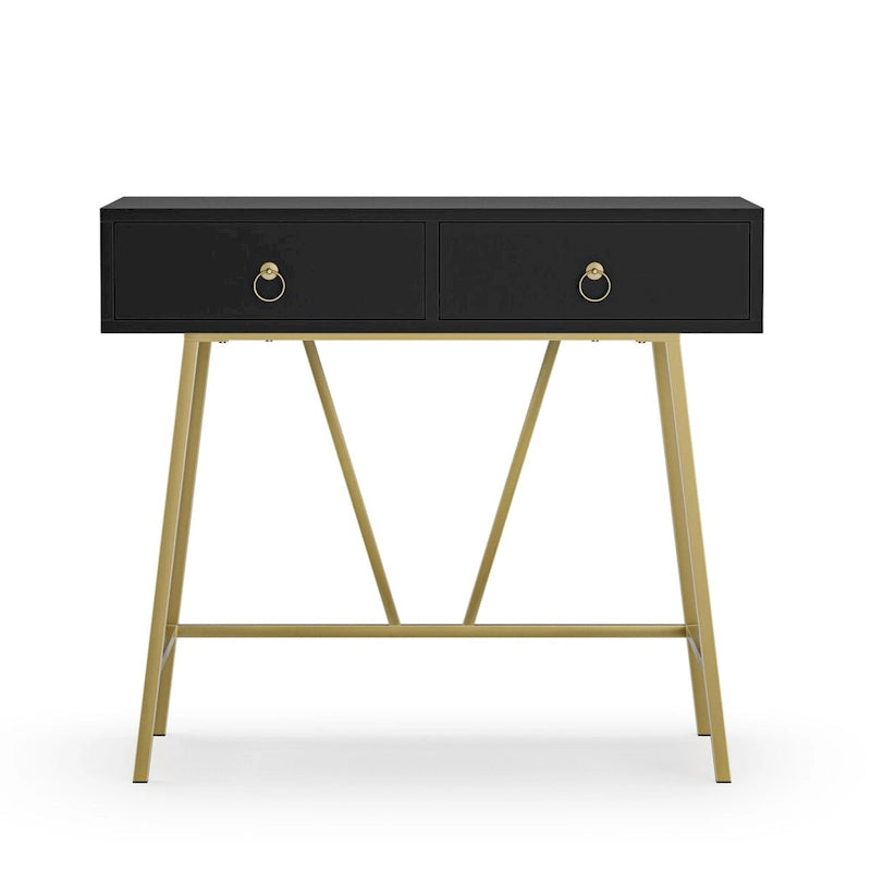 Anmytek Bureau Moderne pour Bureau à Domicile 35.4 Table de Maquillage Blanche 2 Tiroirs Bureau d'Écriture Informatique avec Pieds Dorés