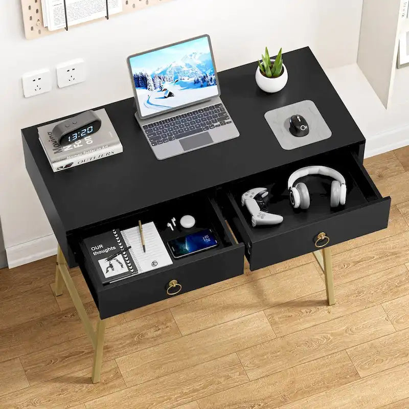 Anmytek Bureau Moderne pour Bureau à Domicile 35.4 Table de Maquillage Blanche 2 Tiroirs Bureau d'Écriture Informatique avec Pieds Dorés
