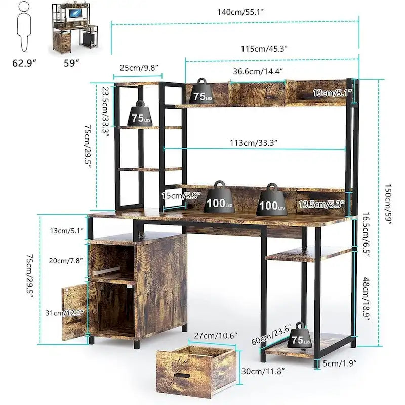 PAKASEPT 55 Bureau informatique avec huche et étagère de rangement
