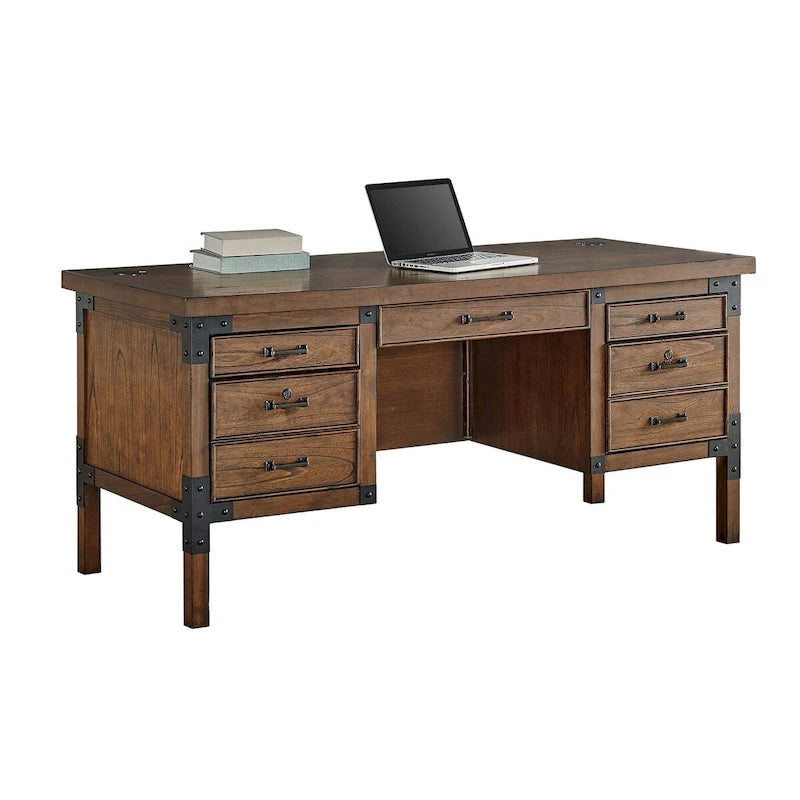 Bureau de direction Addison Rustic à demi-piédestal, table d'écriture, bureau, marron