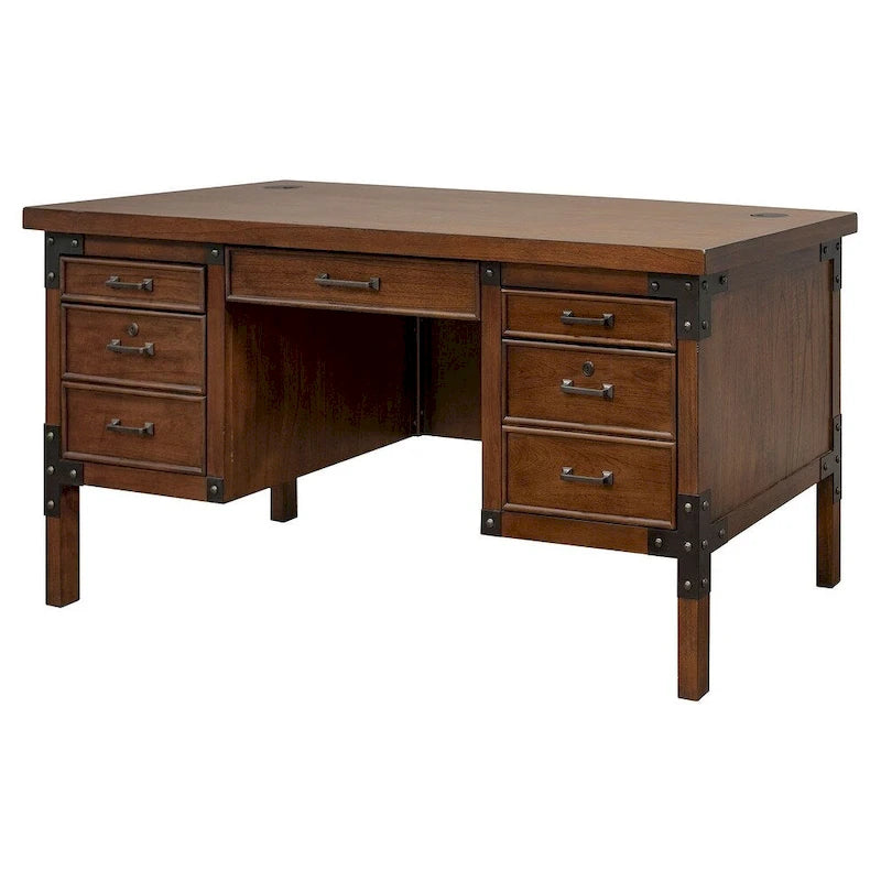 Bureau de direction Addison Rustic à demi-piédestal, table d'écriture, bureau, marron