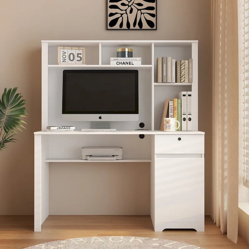 Bureau d'ordinateur avec étagère, bureau en bois pour adolescents, pour écrire, ordinateur portable, maison, bureau avec tiroirs, 3 prises CA et 2 ports de chargement USB