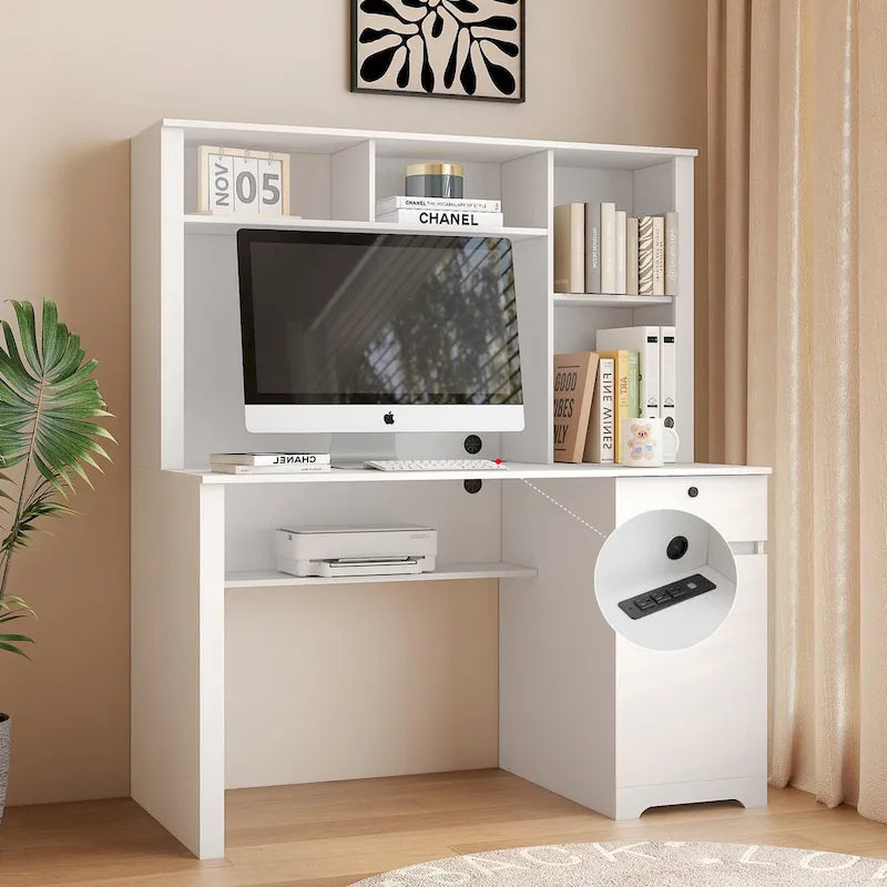 Bureau d'ordinateur avec étagère, bureau en bois pour adolescents, pour écrire, ordinateur portable, maison, bureau avec tiroirs, 3 prises CA et 2 ports de chargement USB