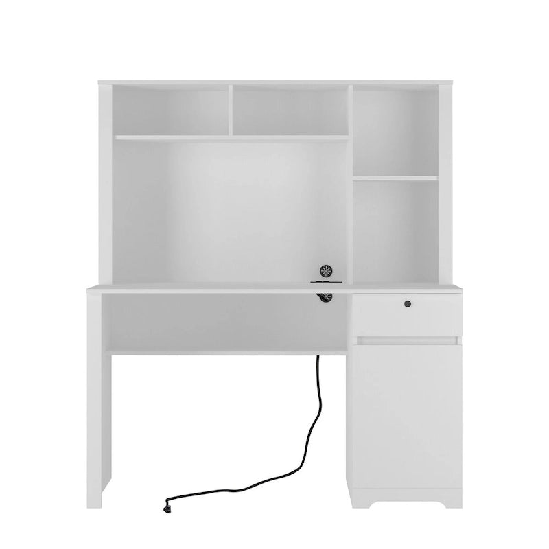 Bureau d'ordinateur avec étagère, bureau en bois pour adolescents, pour écrire, ordinateur portable, maison, bureau avec tiroirs, 3 prises CA et 2 ports de chargement USB