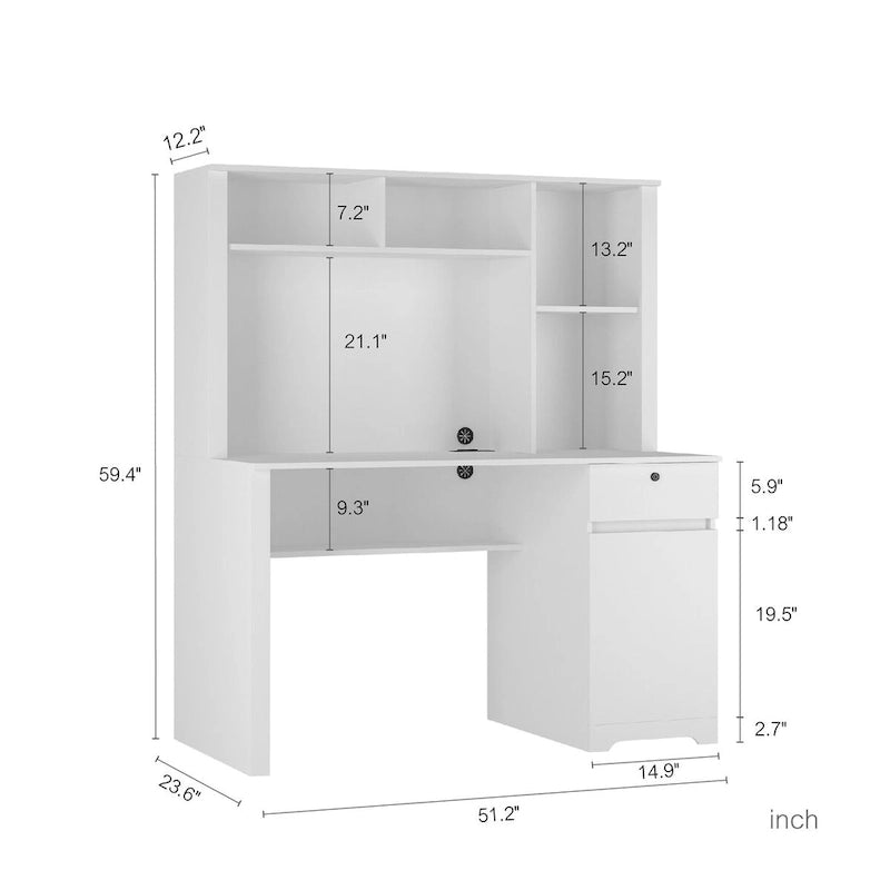 Bureau d'ordinateur avec étagère, bureau en bois pour adolescents, pour écrire, ordinateur portable, maison, bureau avec tiroirs, 3 prises CA et 2 ports de chargement USB