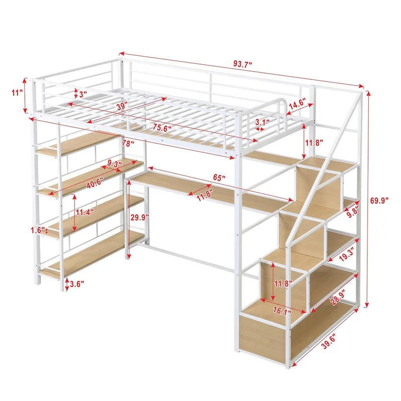 Lit mezzanine en métal MERAX, taille double, avec escalier, bureau et étagères