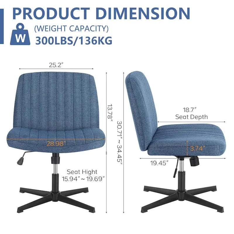 Chaise de bureau sans accoudoirs à roulettes, pour ordinateur, confortable et large, pivotante, réglable en hauteur, pour travailler les jambes croisées