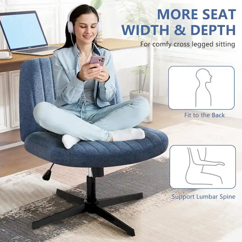 Chaise de bureau sans accoudoirs à roulettes, pour ordinateur, confortable et large, pivotante, réglable en hauteur, pour travailler les jambes croisées