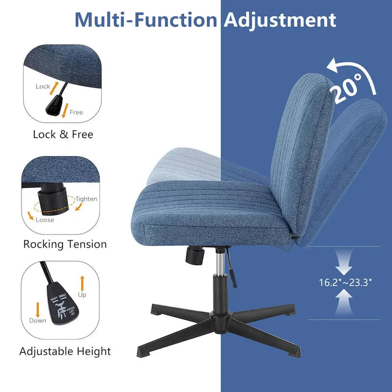 Chaise de bureau sans accoudoirs à roulettes, pour ordinateur, confortable et large, pivotante, réglable en hauteur, pour travailler les jambes croisées