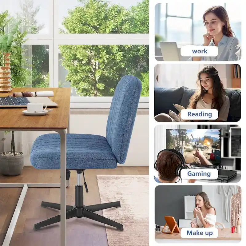 Chaise de bureau sans accoudoirs à roulettes, pour ordinateur, confortable et large, pivotante, réglable en hauteur, pour travailler les jambes croisées