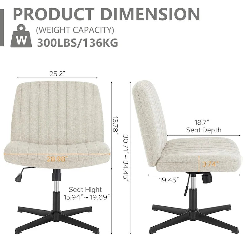 Chaise de bureau sans accoudoirs à roulettes, pour ordinateur, confortable et large, pivotante, réglable en hauteur, pour travailler les jambes croisées