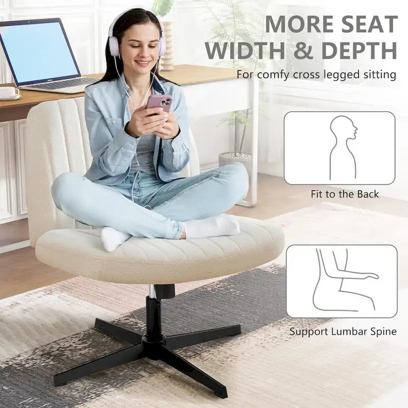 Chaise de bureau sans accoudoirs à roulettes, pour ordinateur, confortable et large, pivotante, réglable en hauteur, pour travailler les jambes croisées