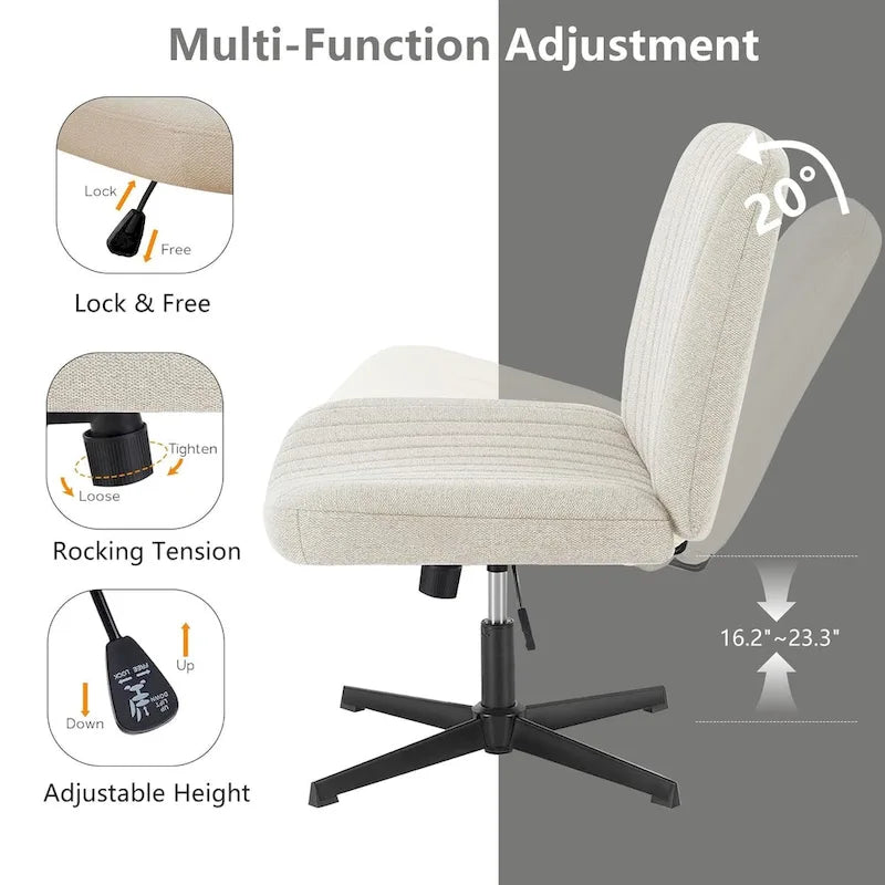 Chaise de bureau sans accoudoirs à roulettes, pour ordinateur, confortable et large, pivotante, réglable en hauteur, pour travailler les jambes croisées