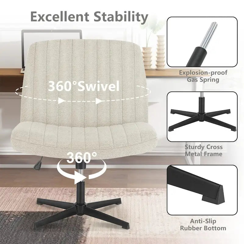 Chaise de bureau sans accoudoirs à roulettes, pour ordinateur, confortable et large, pivotante, réglable en hauteur, pour travailler les jambes croisées