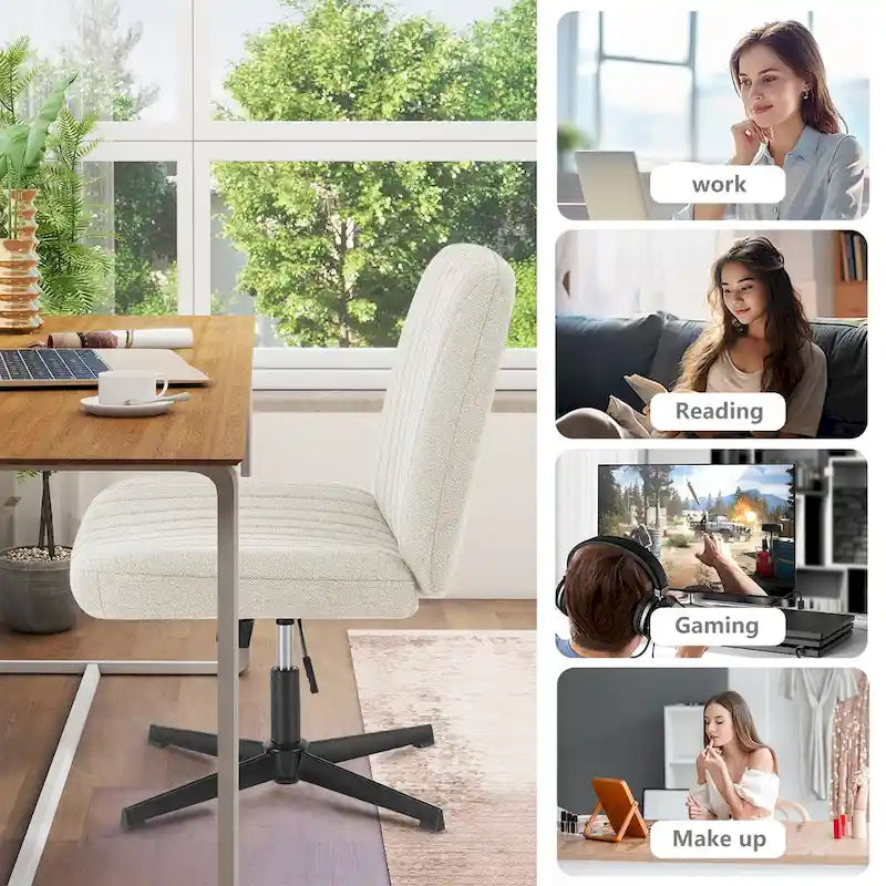 Chaise de bureau sans accoudoirs à roulettes, pour ordinateur, confortable et large, pivotante, réglable en hauteur, pour travailler les jambes croisées