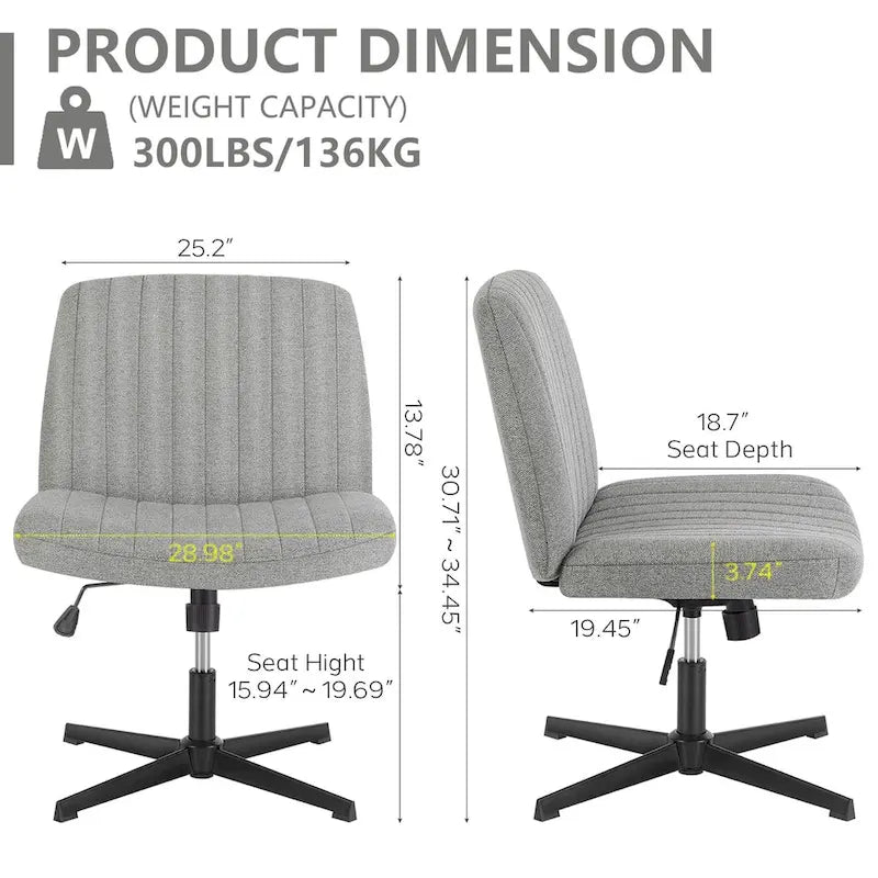Chaise de bureau sans accoudoirs à roulettes, pour ordinateur, confortable et large, pivotante, réglable en hauteur, pour travailler les jambes croisées