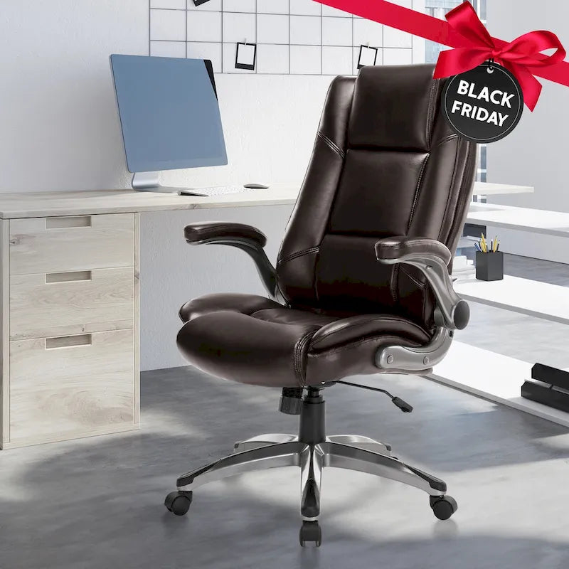 Fauteuil de bureau de direction en cuir - Chaise d'ordinateur à dossier haut avec accoudoirs rembourrés relevables et inclinaison réglable verrouillable