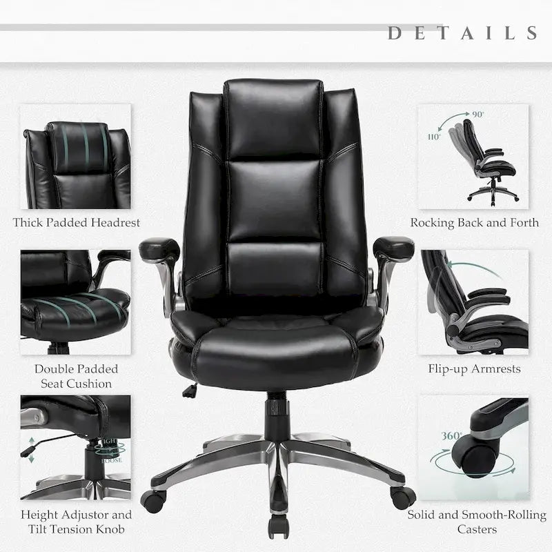 Fauteuil de bureau de direction en cuir - Chaise d'ordinateur à dossier haut avec accoudoirs rembourrés relevables et inclinaison réglable verrouillable