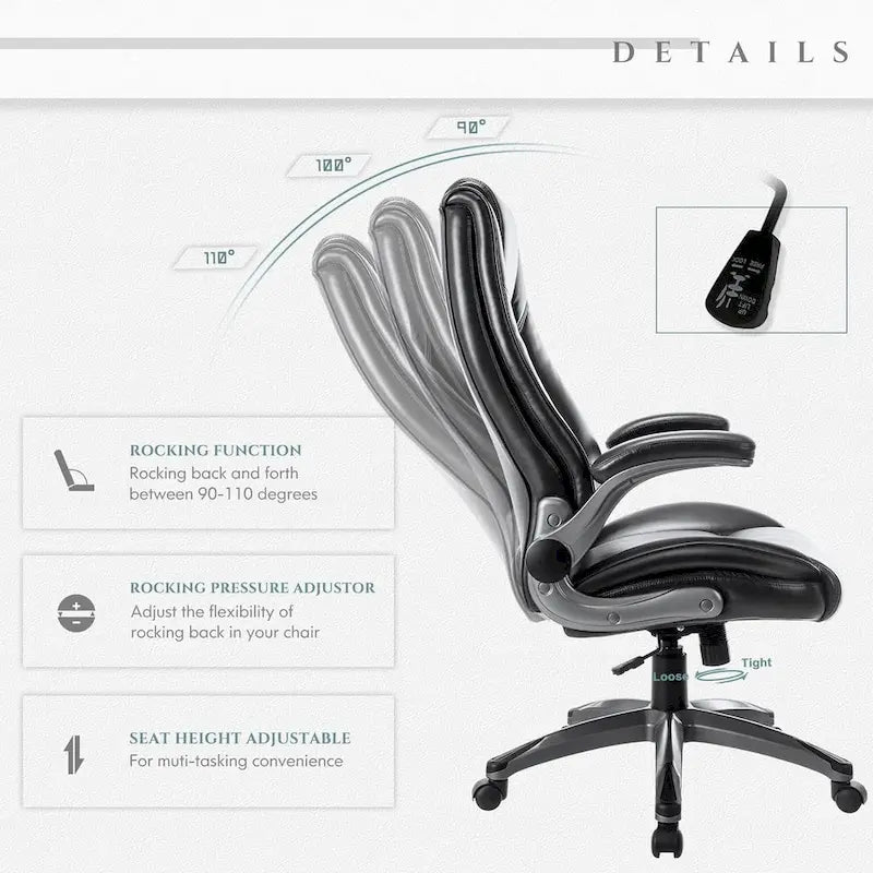 Fauteuil de bureau de direction en cuir - Chaise d'ordinateur à dossier haut avec accoudoirs rembourrés relevables et inclinaison réglable verrouillable