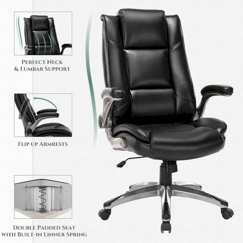 Fauteuil de bureau de direction en cuir - Chaise d'ordinateur à dossier haut avec accoudoirs rembourrés relevables et inclinaison réglable verrouillable