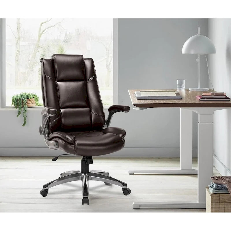 Fauteuil de bureau de direction en cuir - Chaise d'ordinateur à dossier haut avec accoudoirs rembourrés relevables et inclinaison réglable verrouillable