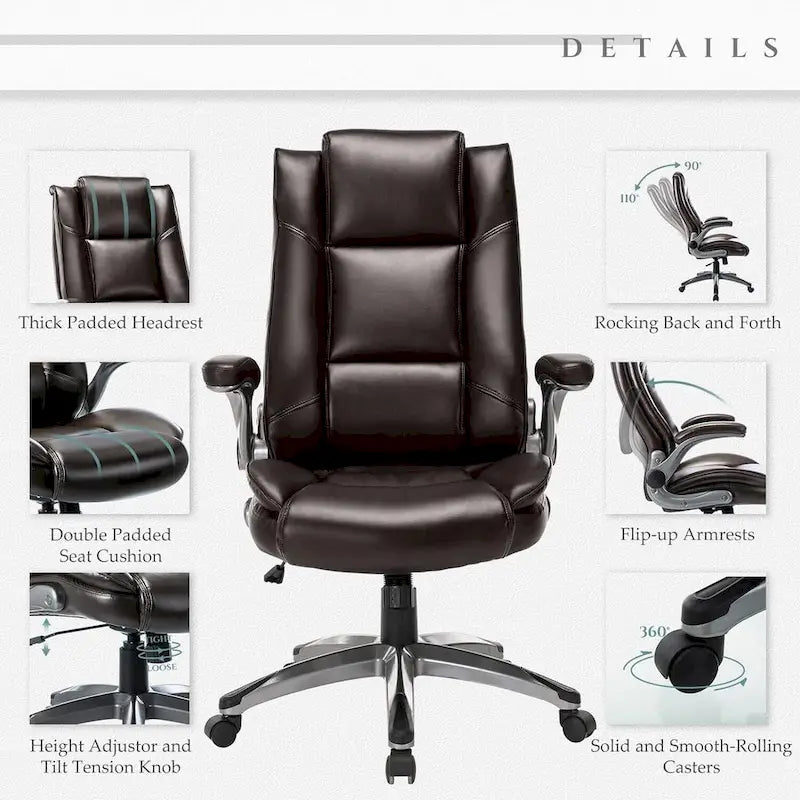 Fauteuil de bureau de direction en cuir - Chaise d'ordinateur à dossier haut avec accoudoirs rembourrés relevables et inclinaison réglable verrouillable