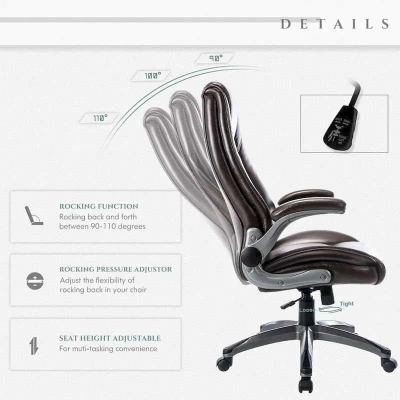 Fauteuil de bureau de direction en cuir - Chaise d'ordinateur à dossier haut avec accoudoirs rembourrés relevables et inclinaison réglable verrouillable