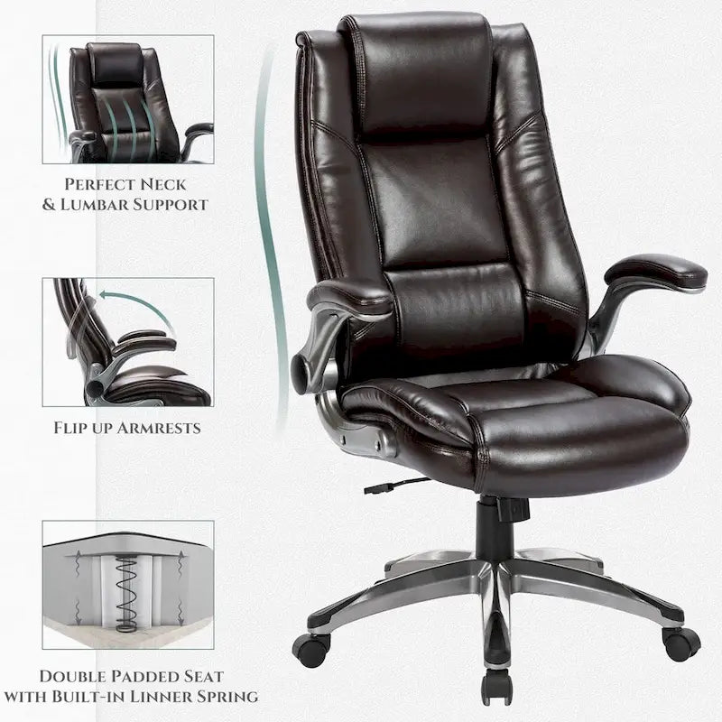 Fauteuil de bureau de direction en cuir - Chaise d'ordinateur à dossier haut avec accoudoirs rembourrés relevables et inclinaison réglable verrouillable