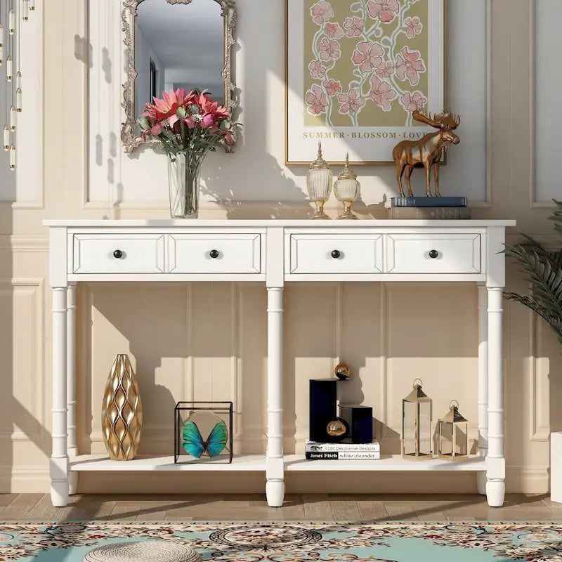 Cusp Barn Console Table Table d'appoint facile à monter avec deux tiroirs de rangement et étagère inférieure pour le salon, l'entrée