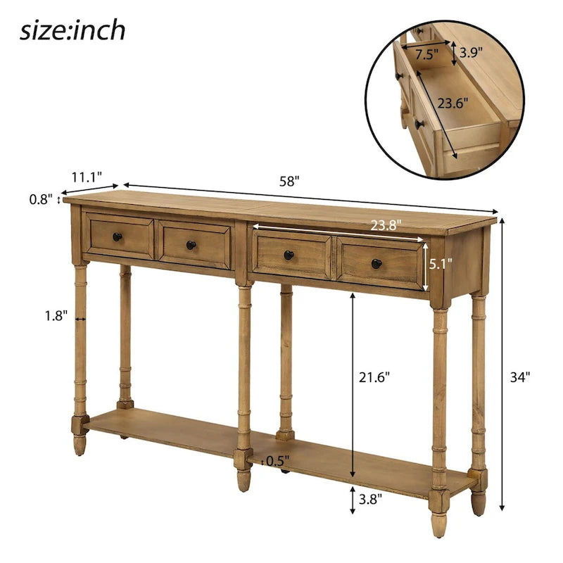 Cusp Barn Console Table Table d'appoint facile à monter avec deux tiroirs de rangement et étagère inférieure pour le salon, l'entrée