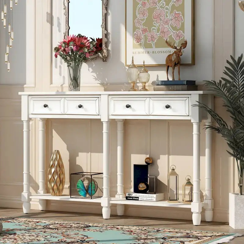 Cusp Barn Console Table Table d'appoint facile à monter avec deux tiroirs de rangement et étagère inférieure pour le salon, l'entrée
