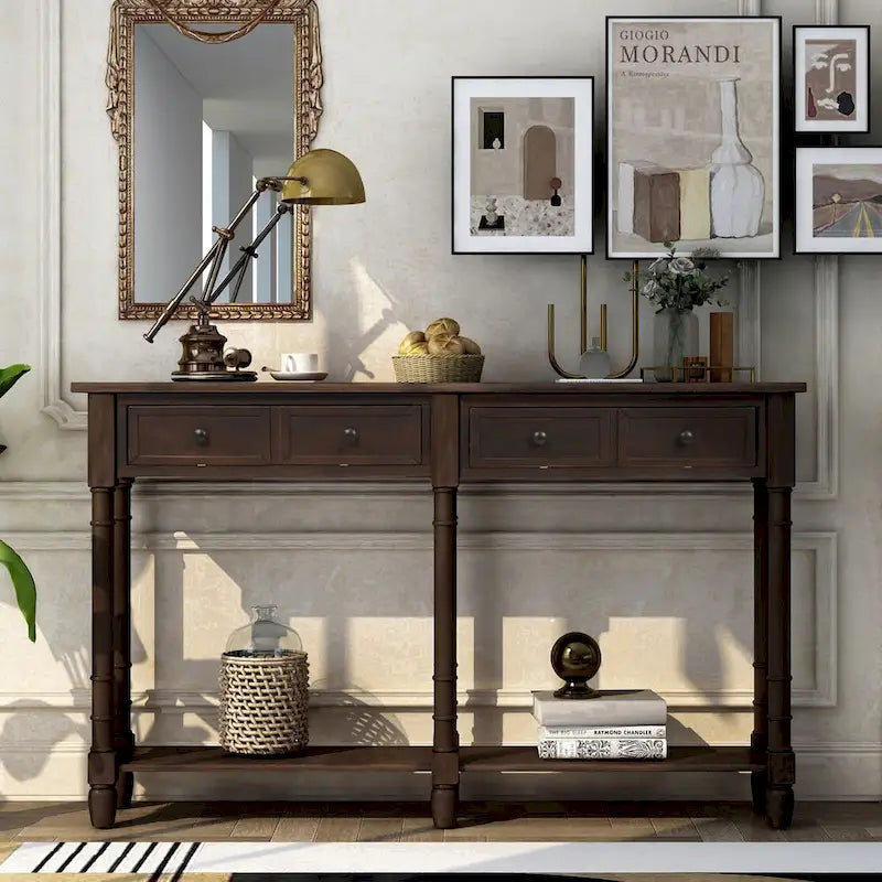 Cusp Barn Console Table Table d'appoint facile à monter avec deux tiroirs de rangement et étagère inférieure pour le salon, l'entrée