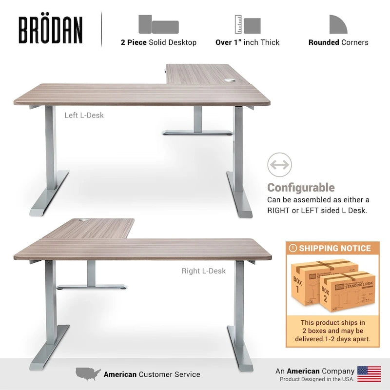 Bureau debout électrique BRODAN, bureau réglable en hauteur, en forme de L