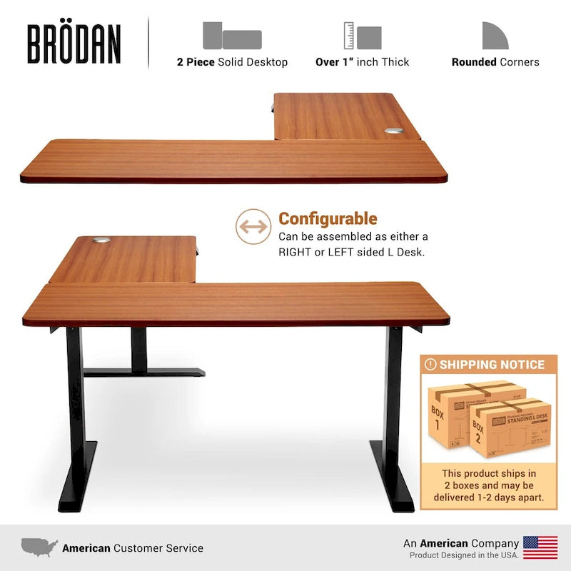 Bureau debout électrique BRODAN, bureau réglable en hauteur, en forme de L