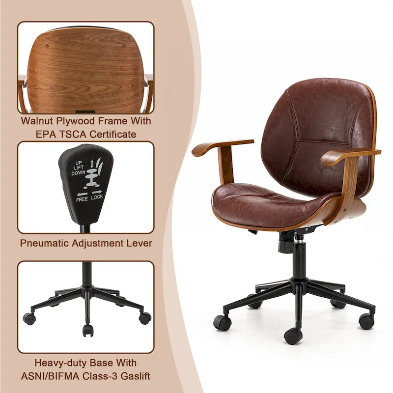 Fauteuil de bureau pivotant réglable en similicuir Glitzhome avec accoudoir, design ergonomique