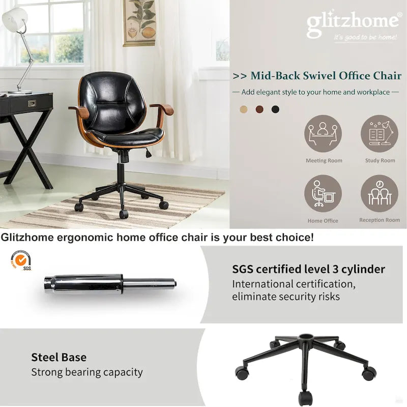 Fauteuil de bureau pivotant réglable en similicuir Glitzhome avec accoudoir, design ergonomique