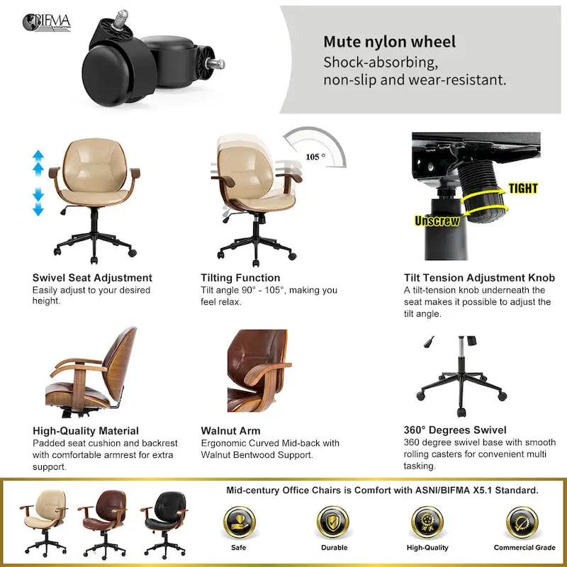 Fauteuil de bureau pivotant réglable en similicuir Glitzhome avec accoudoir, design ergonomique