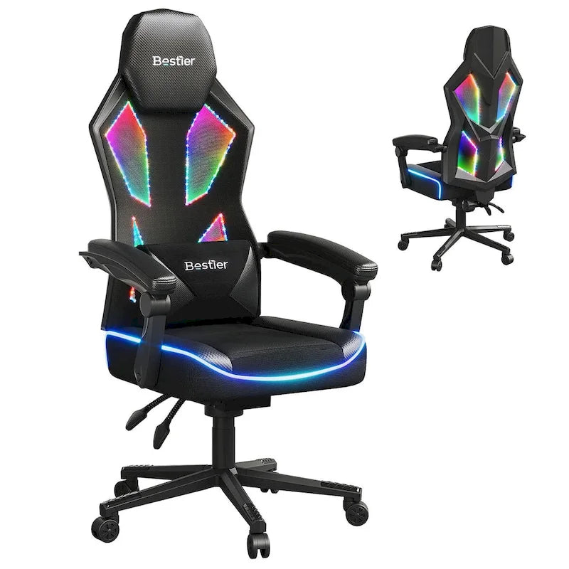 Chaise de jeu ergonomique avec lumières LED RGB, chaise d'ordinateur en tissu ventilé avec coussin à ressorts ensachés et accoudoirs articulés