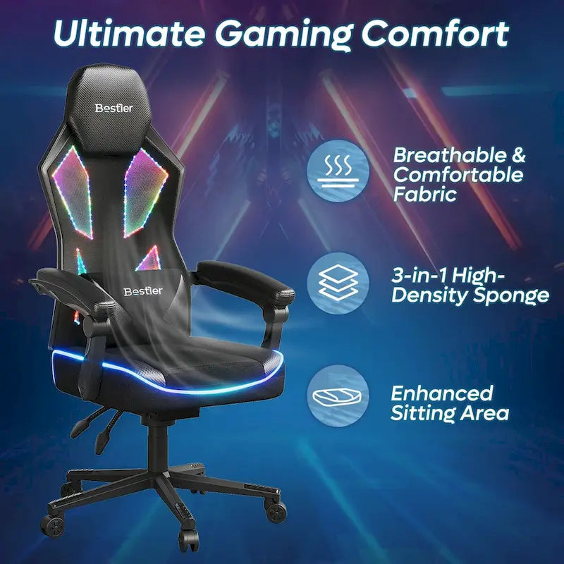 Chaise de jeu ergonomique avec lumières LED RGB, chaise d'ordinateur en tissu ventilé avec coussin à ressorts ensachés et accoudoirs articulés