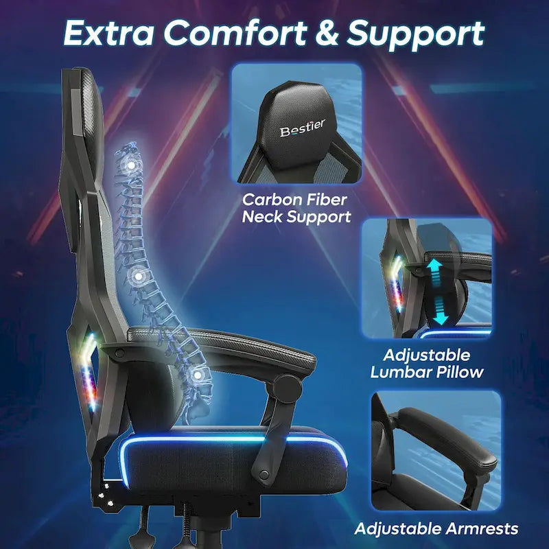 Chaise de jeu ergonomique avec lumières LED RGB, chaise d'ordinateur en tissu ventilé avec coussin à ressorts ensachés et accoudoirs articulés
