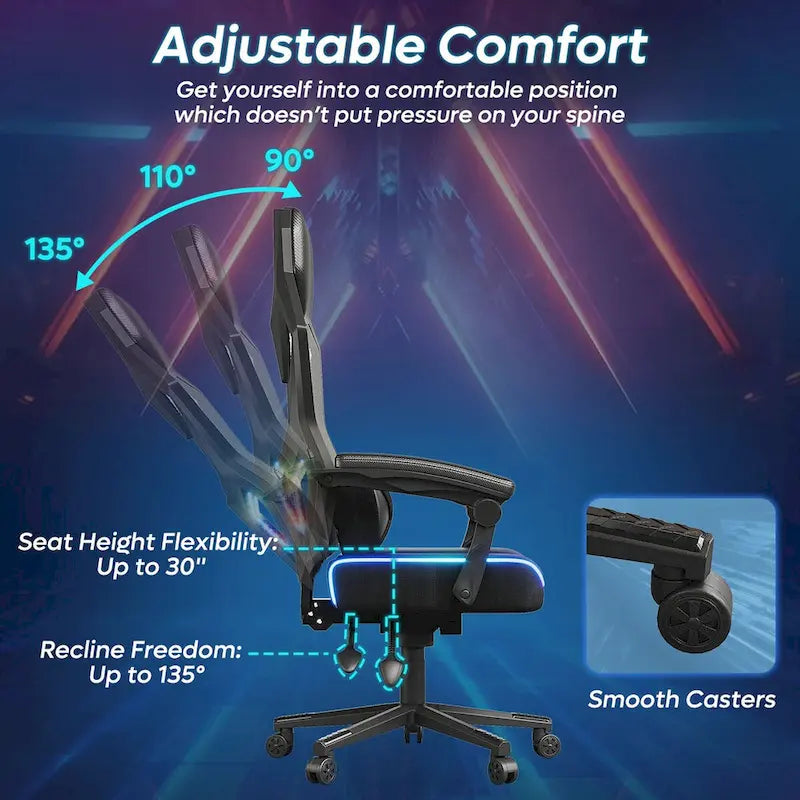 Chaise de jeu ergonomique avec lumières LED RGB, chaise d'ordinateur en tissu ventilé avec coussin à ressorts ensachés et accoudoirs articulés