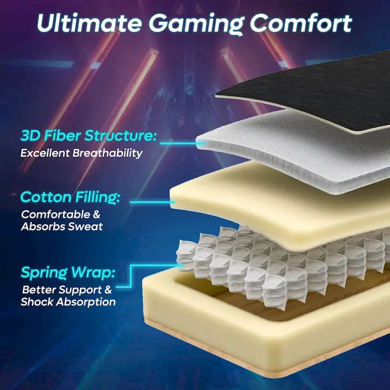 Chaise de jeu ergonomique avec lumières LED RGB, chaise d'ordinateur en tissu ventilé avec coussin à ressorts ensachés et accoudoirs articulés